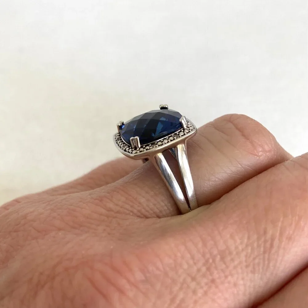 Sterling Silver 925 P☆M Blue Cubic Zirconia & Diamond Accent Stone Ring Sz 7